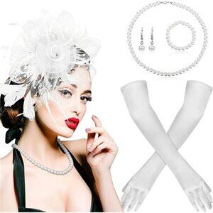 1920s Fascinators Headband Pearl Jewelry Gloves Tea Party Halloween Church Derby